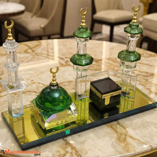 3-in-1 crystal cut glass Kaaba, Masjid Nabawi and minarets model on mirrored base