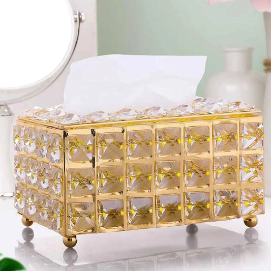 Golden Fancy Tissue Box – Decorative Metal Holder with Elegant Stone Detailing