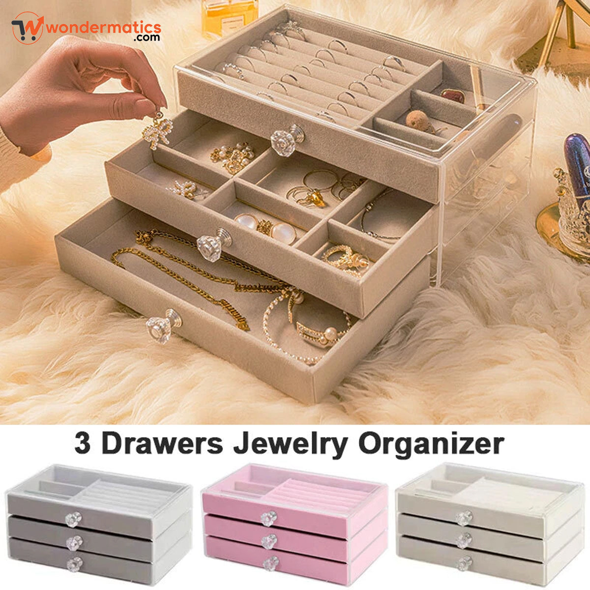 Jewelry Box with 3 Drawer Velvet Organizer for Jewelry Storage