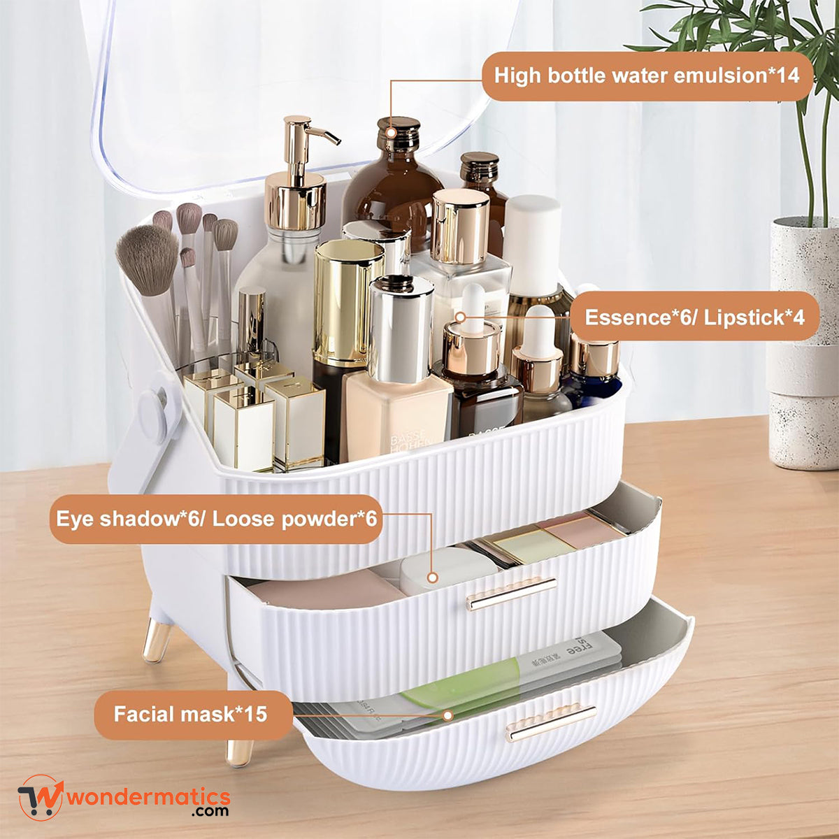 Acrylic makeup organizer holding skincare bottles and brushes neatly