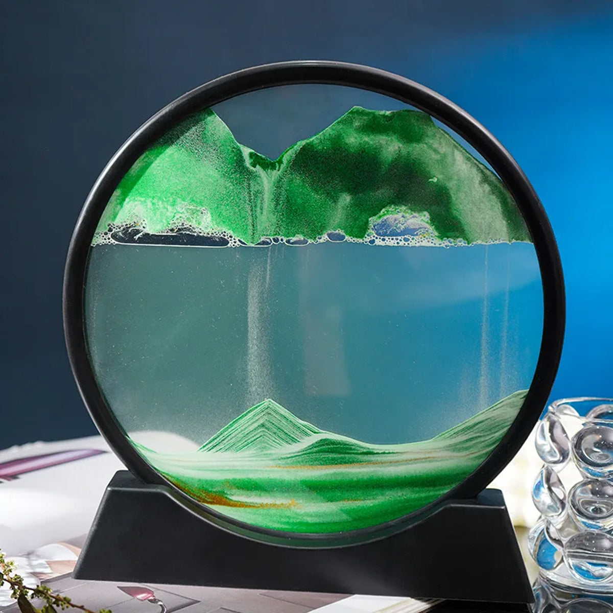 Artistic liquid sand timer with mountain landscape – 7 inch display piece