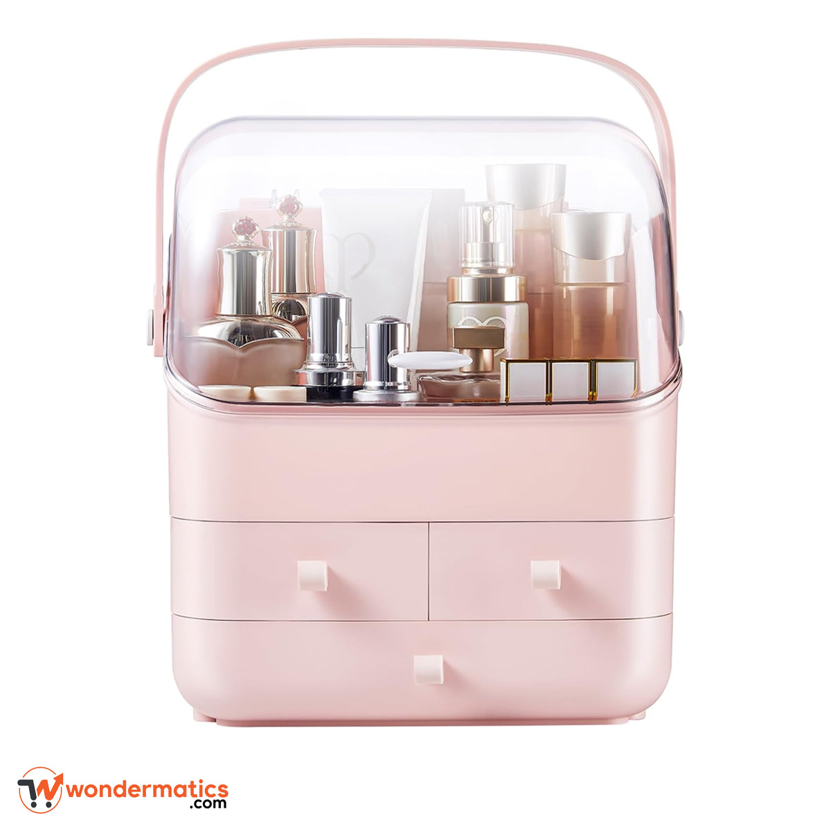 Portable beauty organizer box with drawers and handle for easy storage and movement