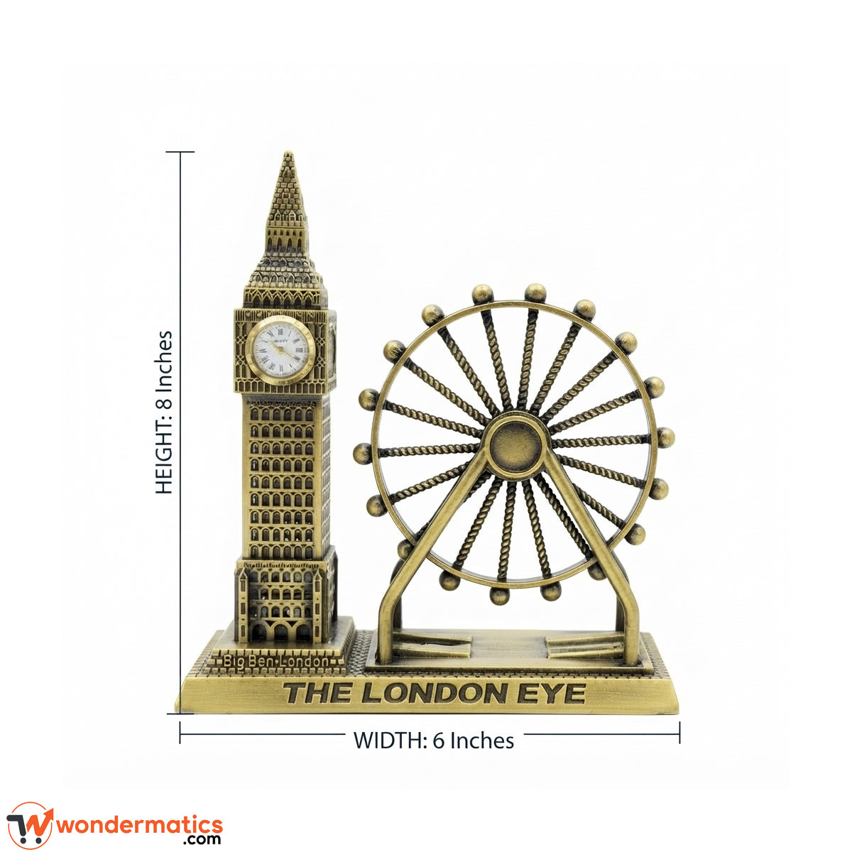 A decorative tabletop sculpture of London's Big Ben and The London Eye on a white background, with measurement lines indicating 8 inches height and 6 inches width. The product is metallic gold/brass-toned with black antiqued detailing.