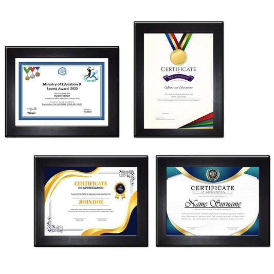 Set of 4 black A4 certificate frames with front glass – 8x12 inches
