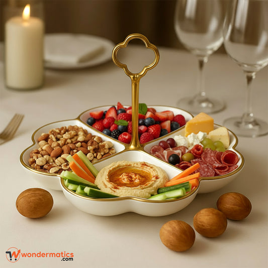 Luxury ceramic snack tray with four sections and golden rim for home and parties