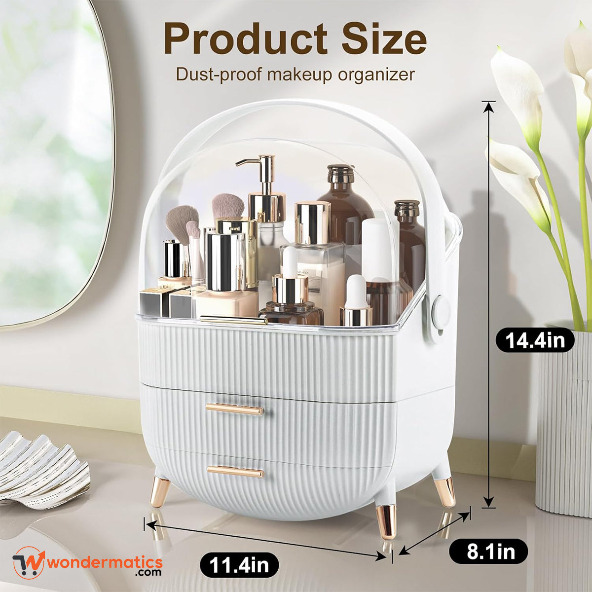 Durable cosmetic drawer organizer storing lipsticks, foundations, and serums