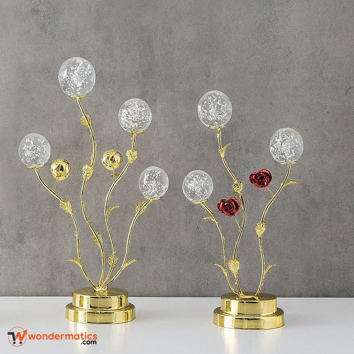 Crystal Ball LED Decoration with Golden Rose Stand and Bubble Orbs