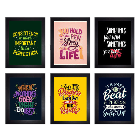 Set of 6 customizable 7x9 black frames with motivational quotes and glass front