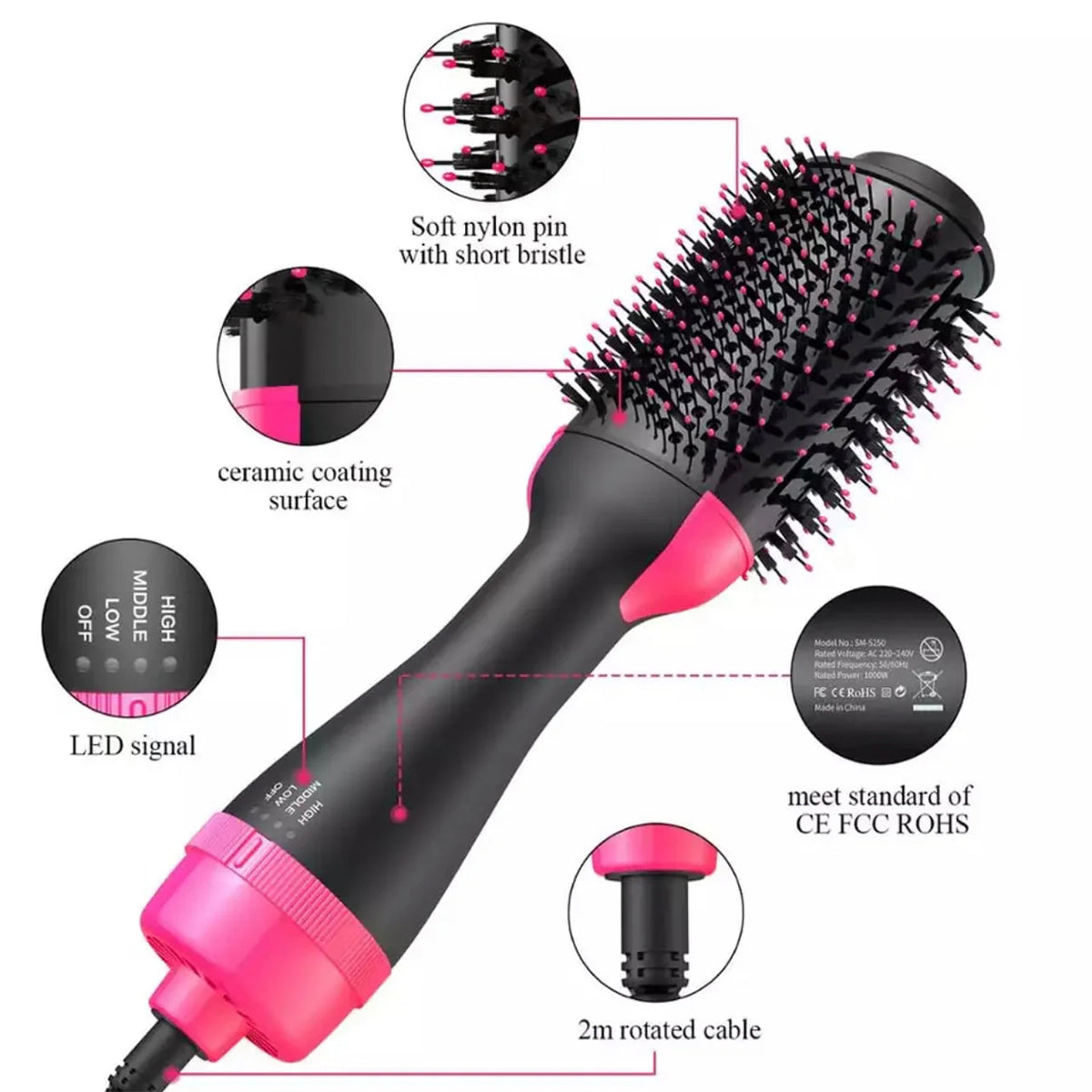 Fast drying hair styler brush with heat and volume control