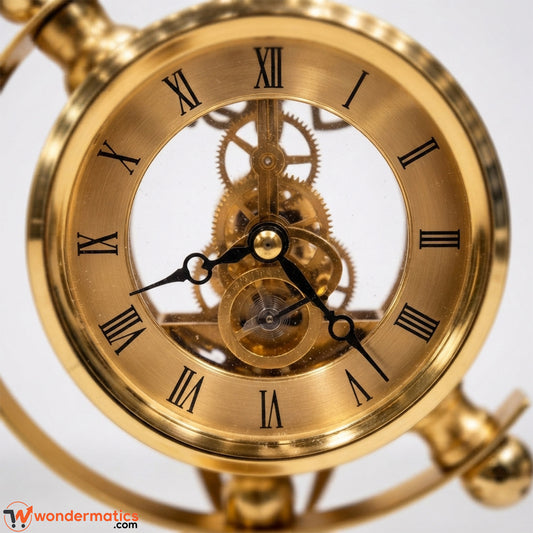 Close-up of a gold-toned mechanical pocket watch face with Roman numerals, visible gears through a transparent center, and ornate black hands on a light gray background.