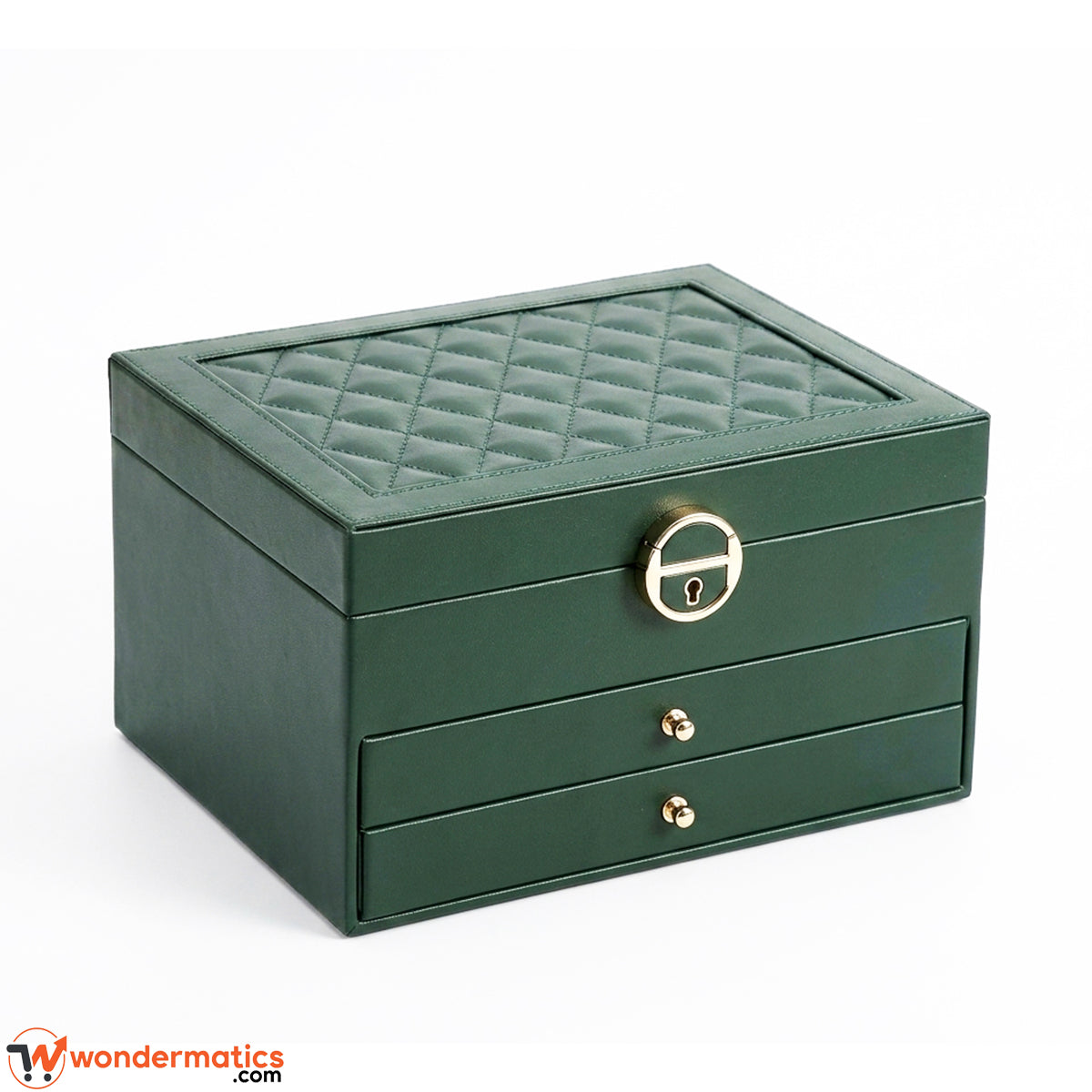 Green and white jewelry storage box with pull out drawer and dedicated ring holder slots