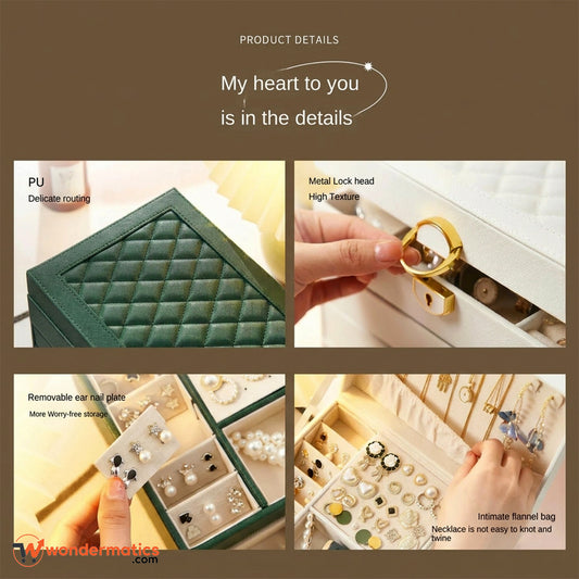 Open jewelry storage box showing earring hooks necklace holders and ring compartments inside