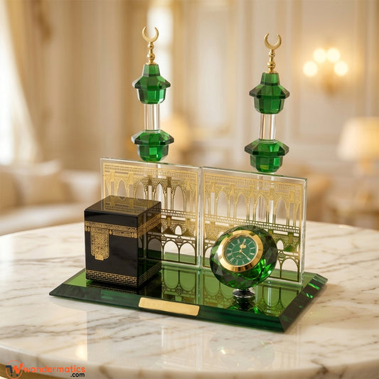 Islamic Kaaba clock decor piece placed on living room shelf