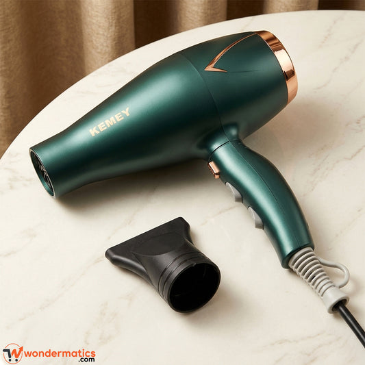 Side view of the Kemey KM-8222 green hair dryer showing its body and handle