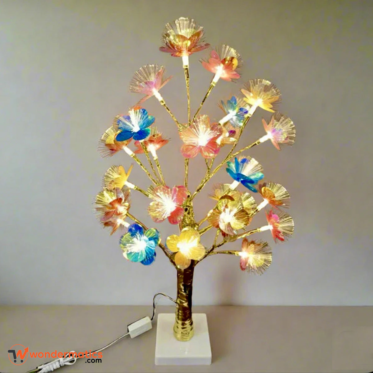 LED flower tree table lamp with colorful fiber optic blossom lights