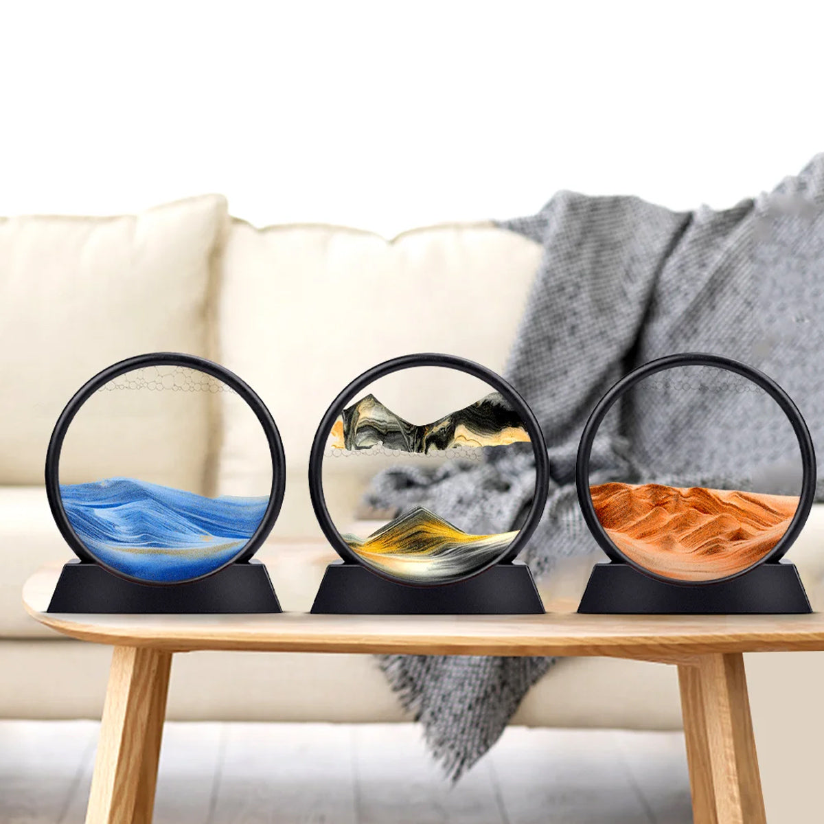 Liquid hourglass sandscape with mountain view – calming visual display