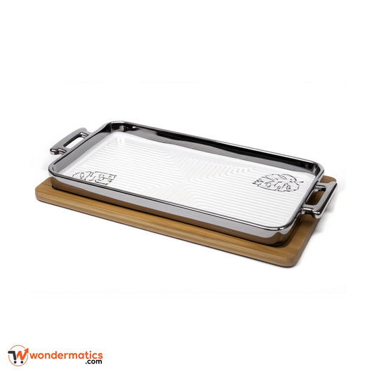 Luxury Ceramic Serving Tray with Silver Handles and Natural Bamboo Base – Perfect for Elegant Dining