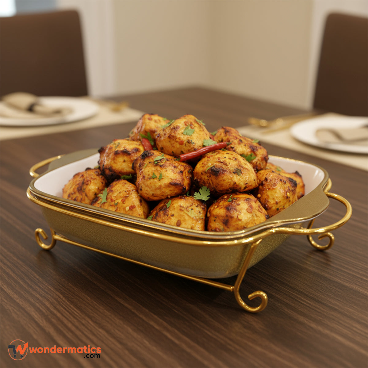 Stylish rectangular ceramic dish with gold stand – luxury food server for gatherings