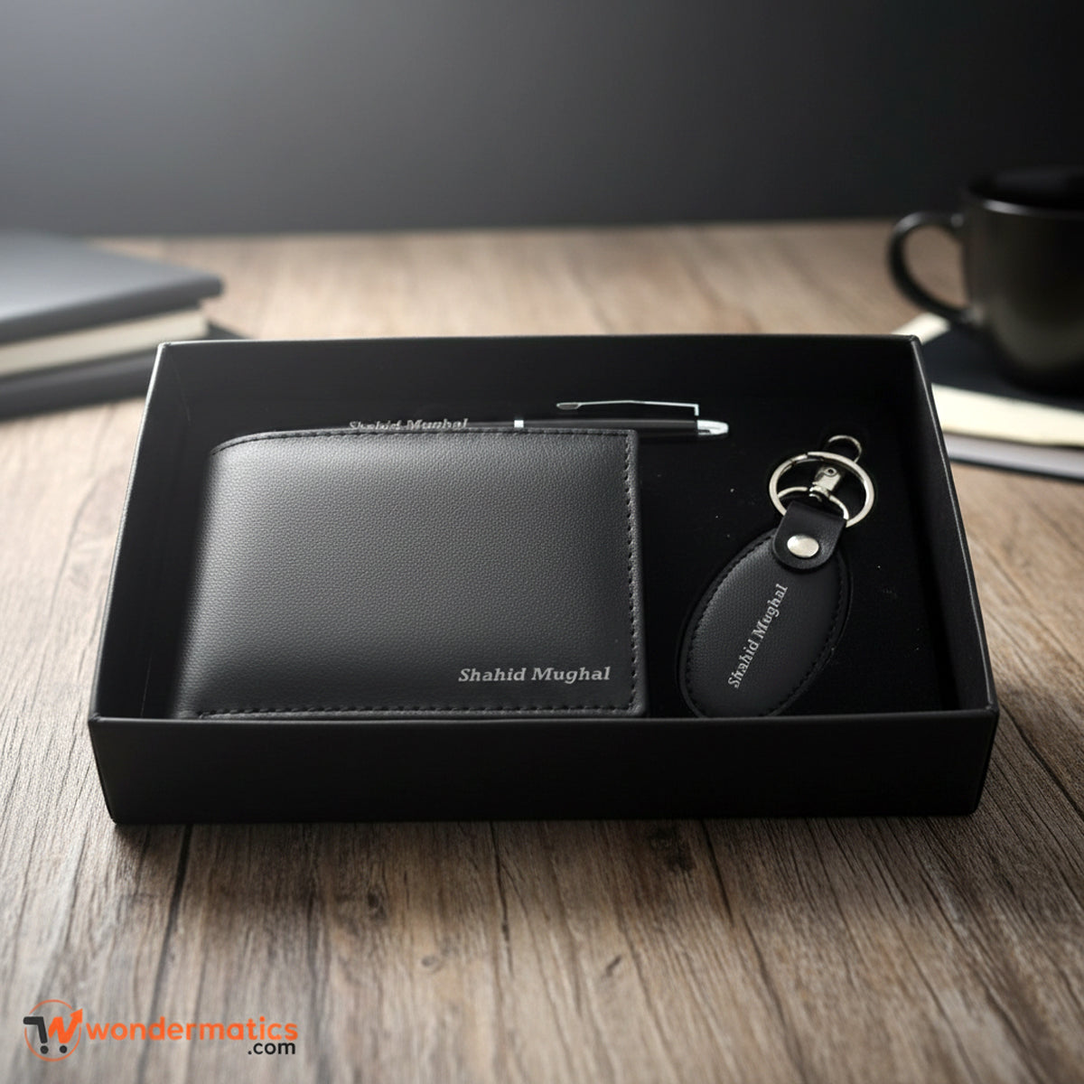 Luxury personalized leather wallet, pen, and keychain gift for men