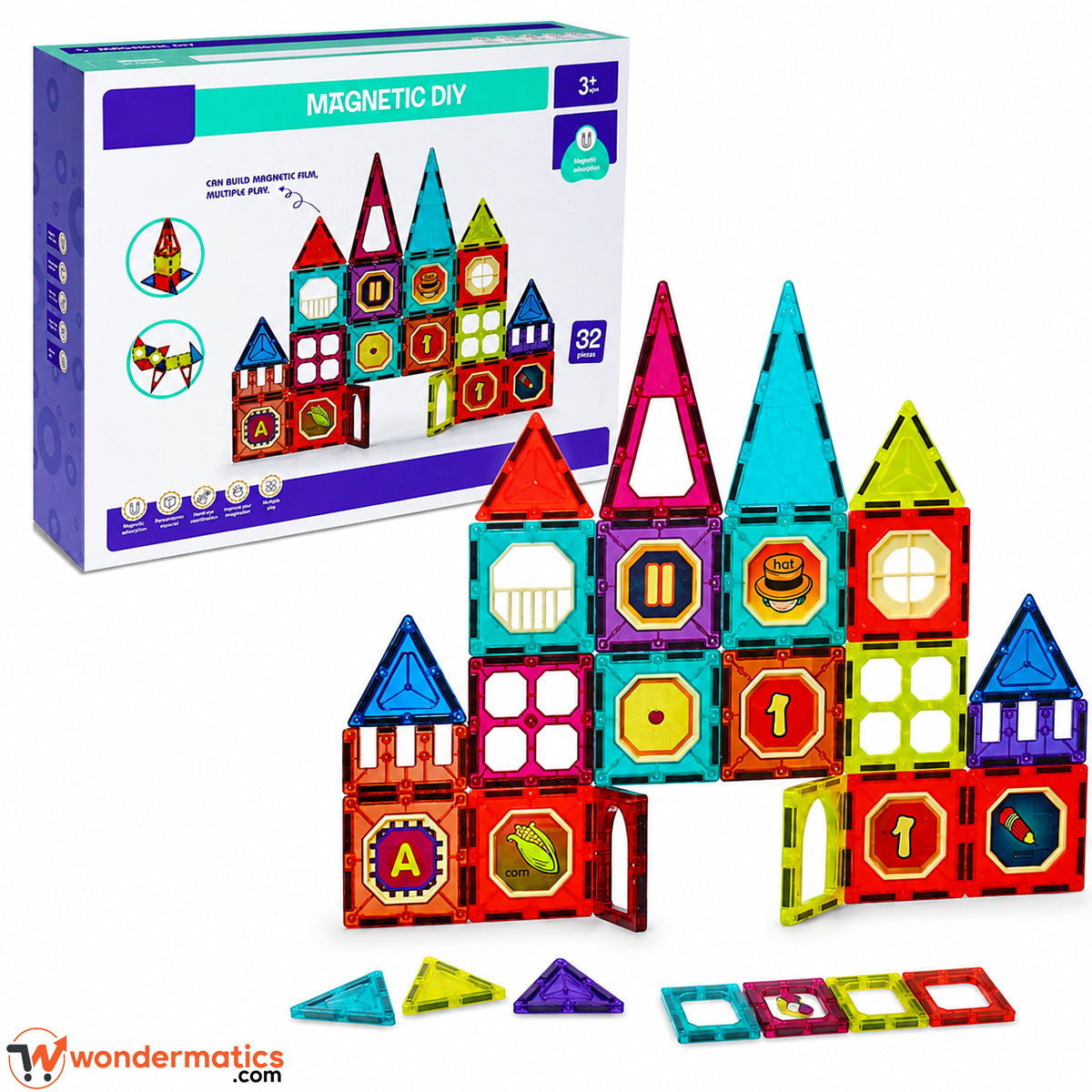 32-piece magnetic building blocks set laid out showing all colorful geometric shapes and window tiles