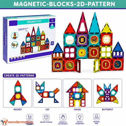 Child's magnetic tower structure built using the 32-piece magnetic block set