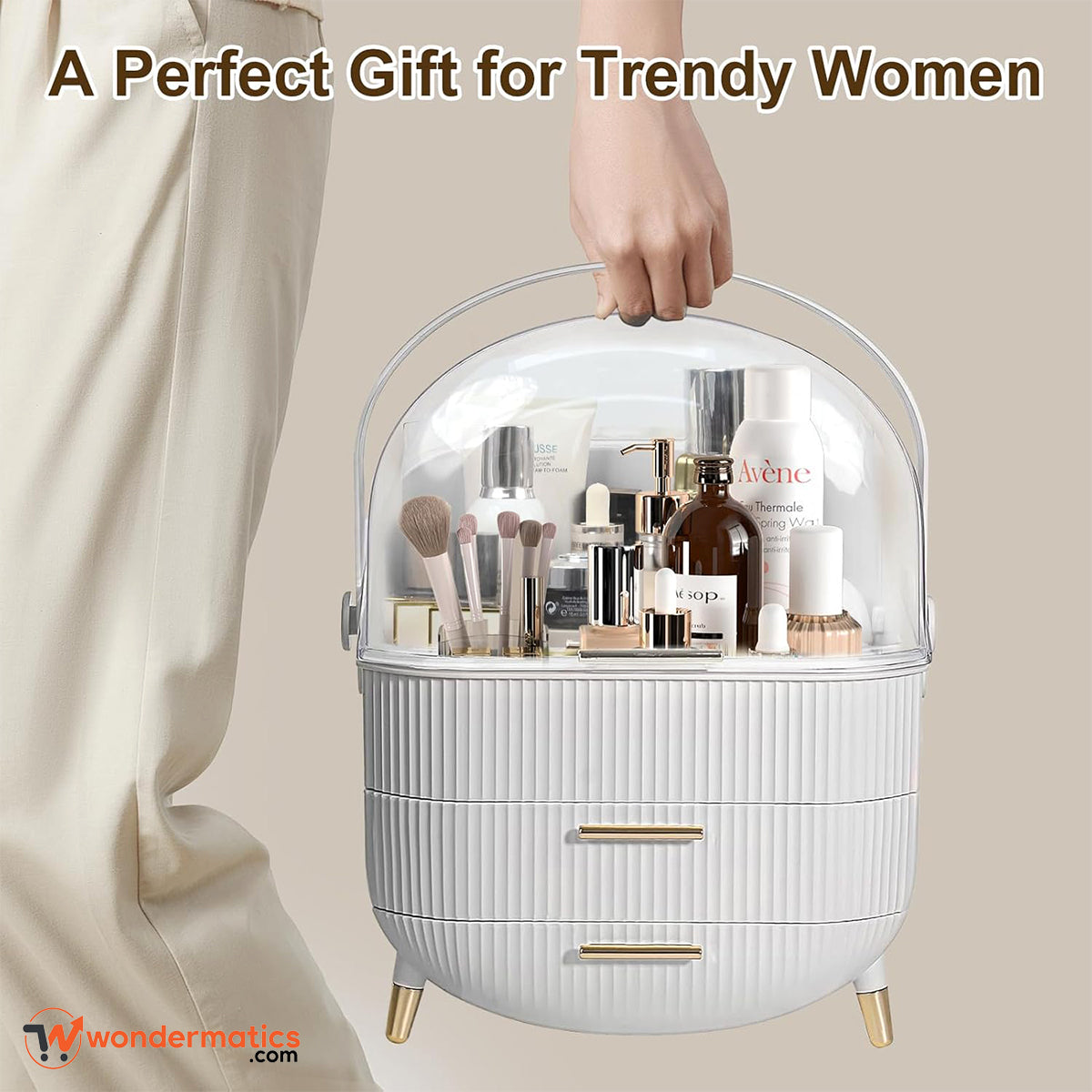 Makeup and cosmetic organizer on vanity with organized beauty products
