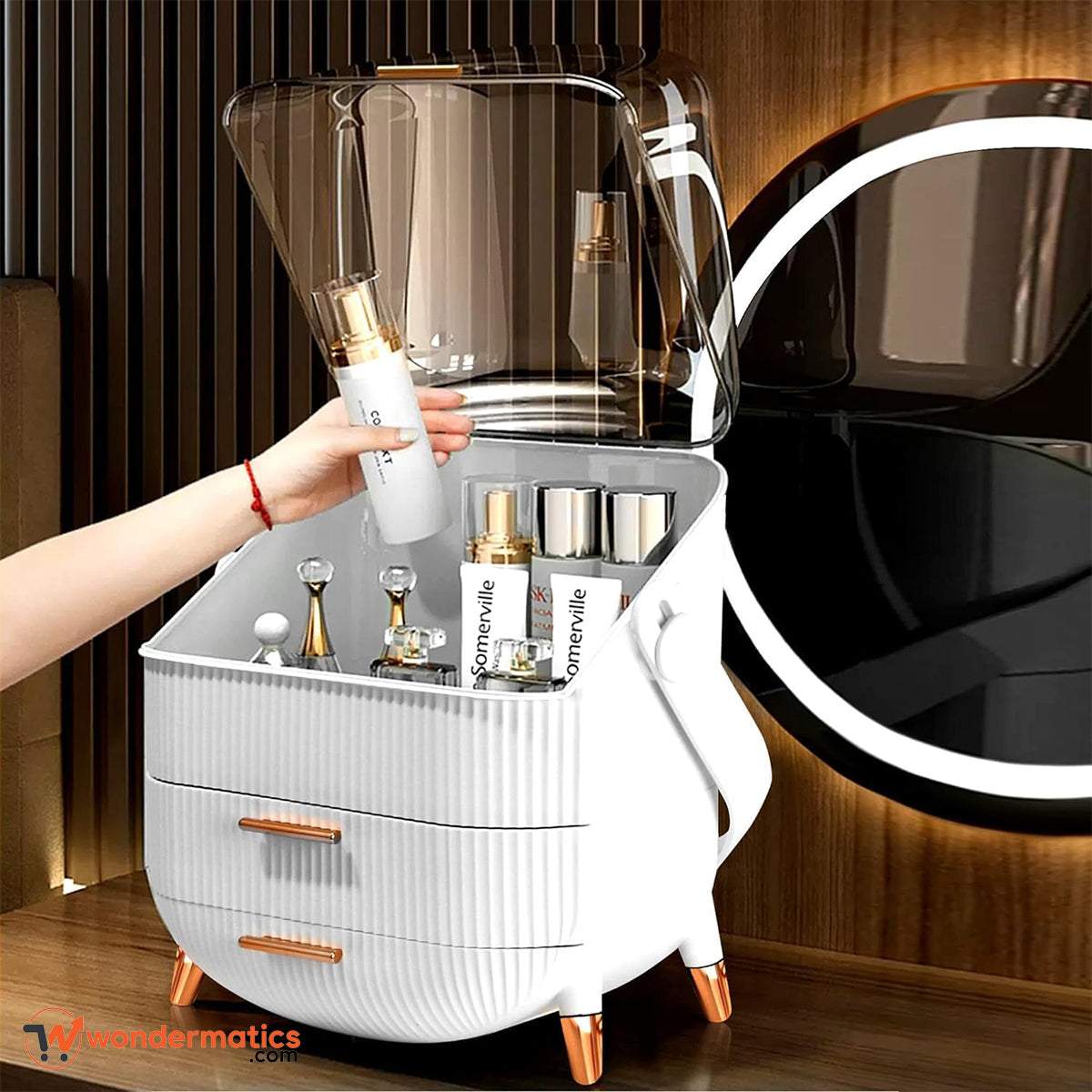Modern makeup organizer with elevated gold legs for stylish vanity storage