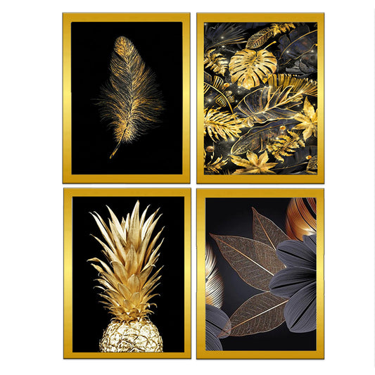 Modern Art Wall Frames – Set of 4 Golden Frames with Abstract Prints
