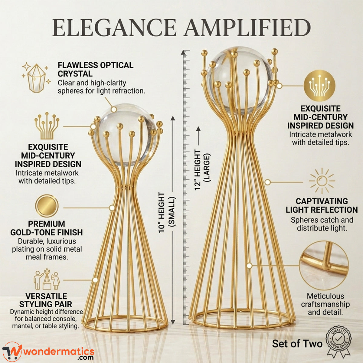 Infographic showing key features of Wondermatics 12 Inch, 10 inche Gold Electroplated Stand with Clear Crystal Ball Showpiece