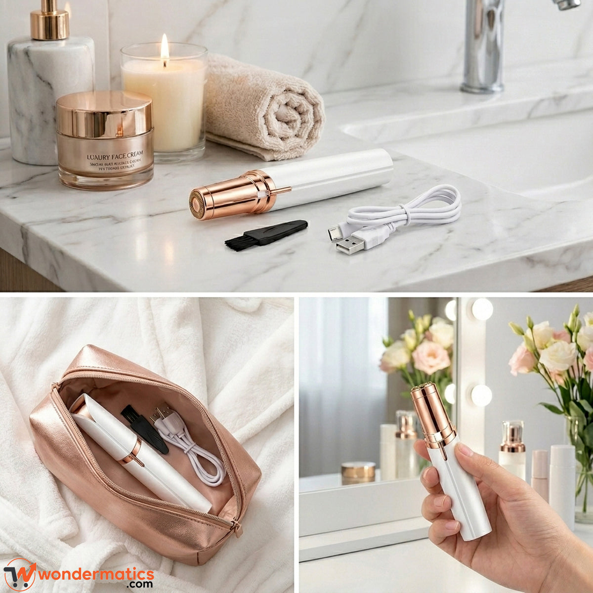 Painless facial hair removal device with LED light and rechargeable battery for smooth makeup-ready skin