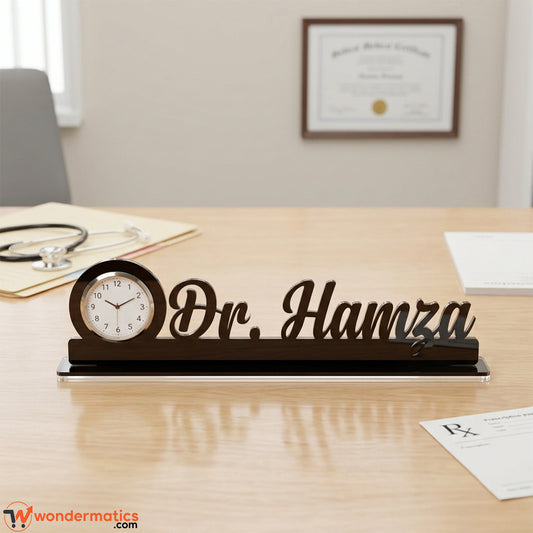 Front view of a custom black acrylic dr name clock with a clock