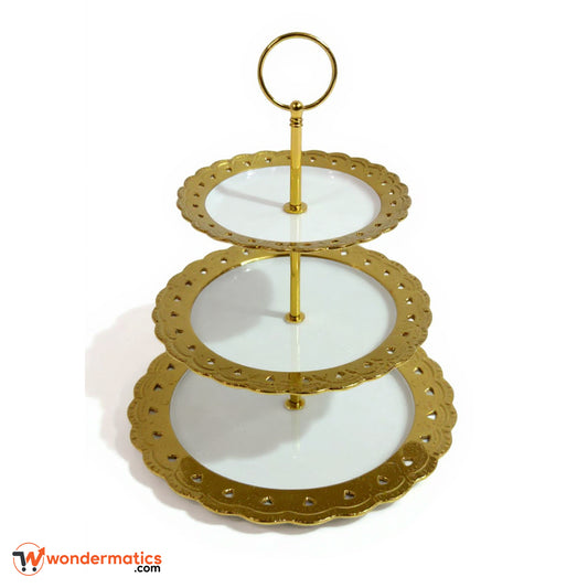 Porcelain Cake Stand with Gold Metal Frame – Stylish 3 Tier Dessert Display for Parties and Home Décor