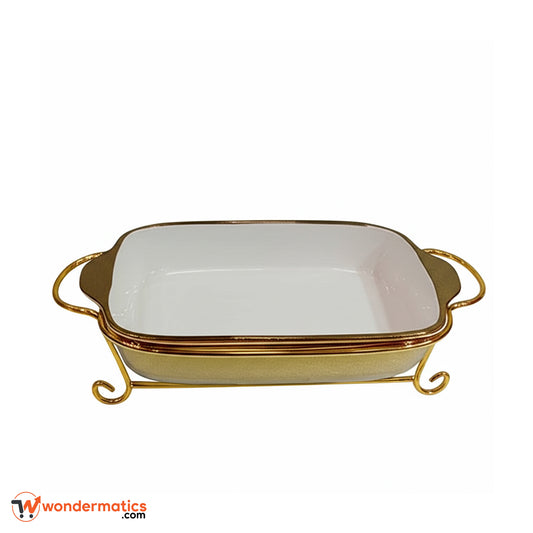 Rectangular ceramic food warmer tray with gold stand for buffet serving
