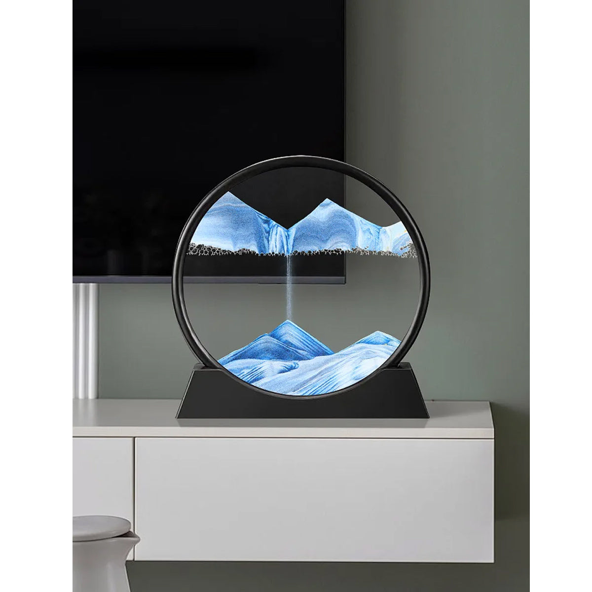 Sandscape hourglass for tabletop display in living room or workspace