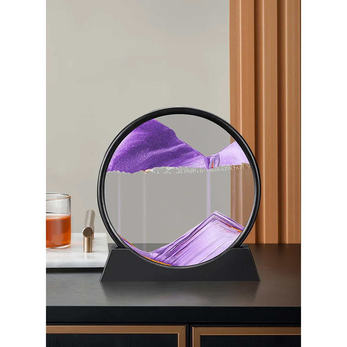 Soothing sand art hourglass for calming ambiance and decor aesthetics