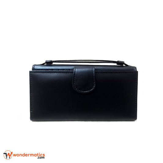 Women’s Black Leather Wallet with Front and Back Button Opening
