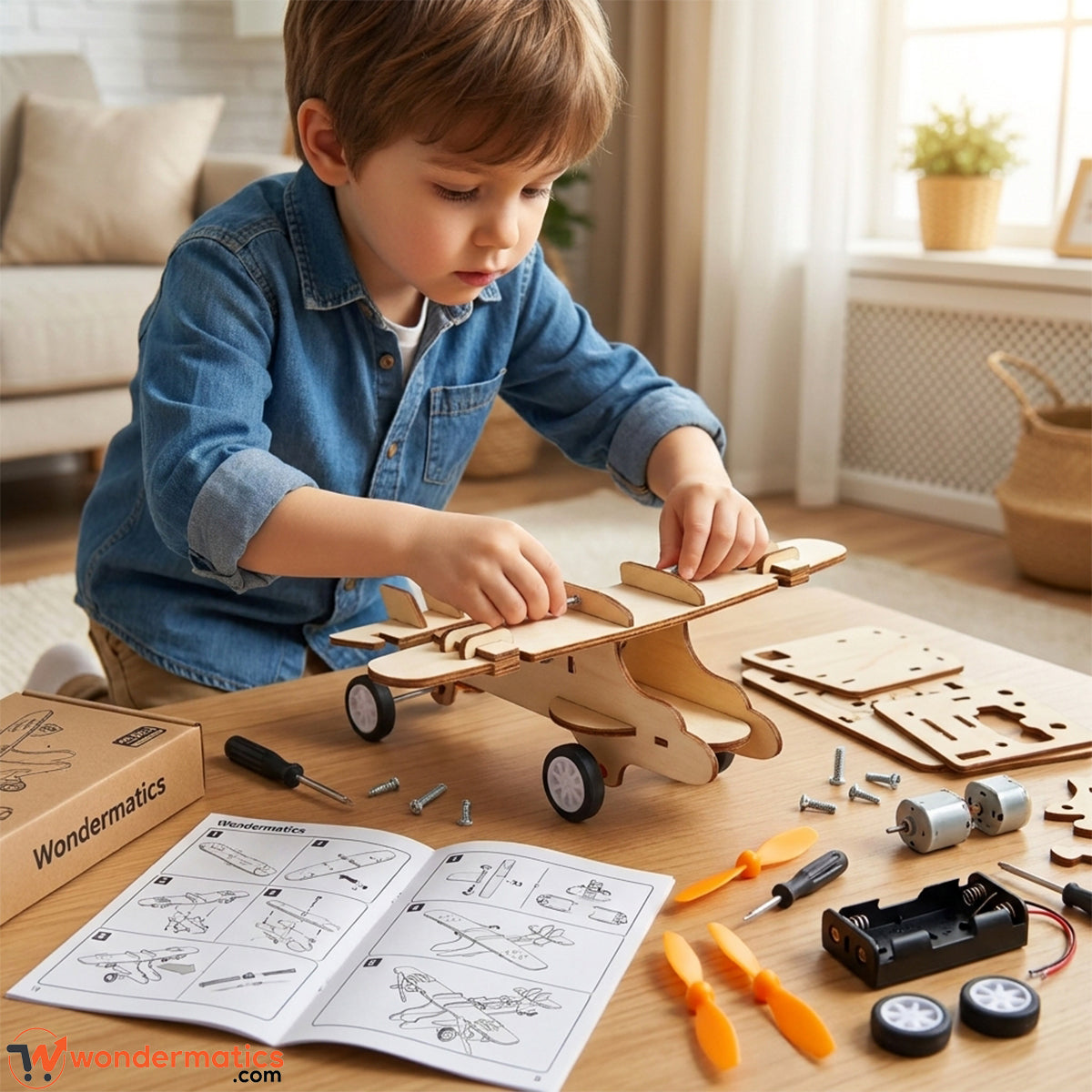 Child assembling DIY twin-screw aircraft STEM model kit at home