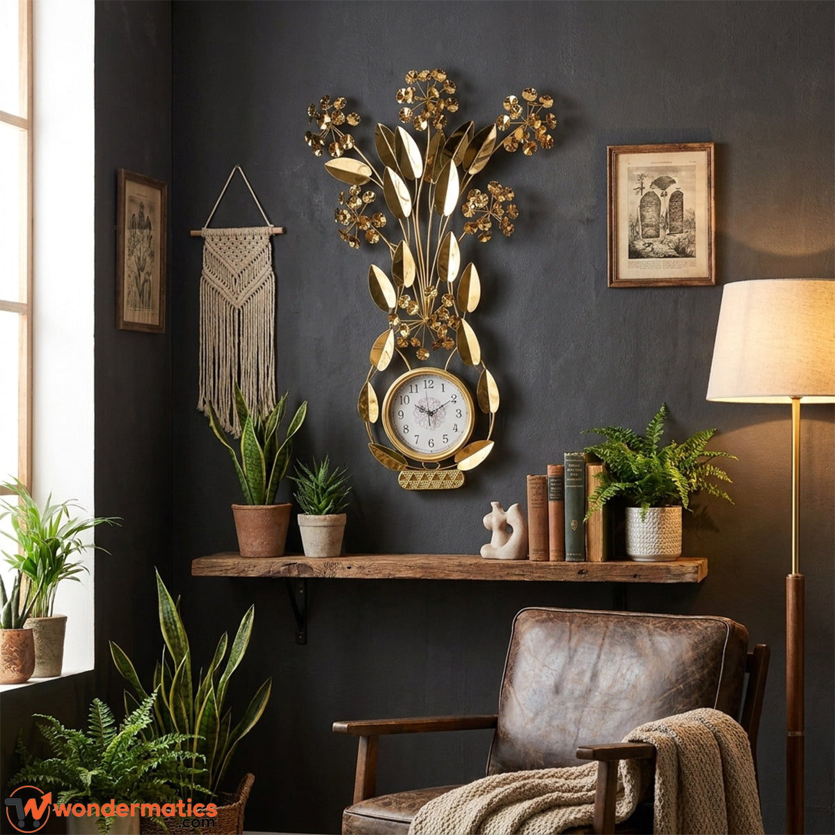Golden floral wall clock as living room focal point above console table