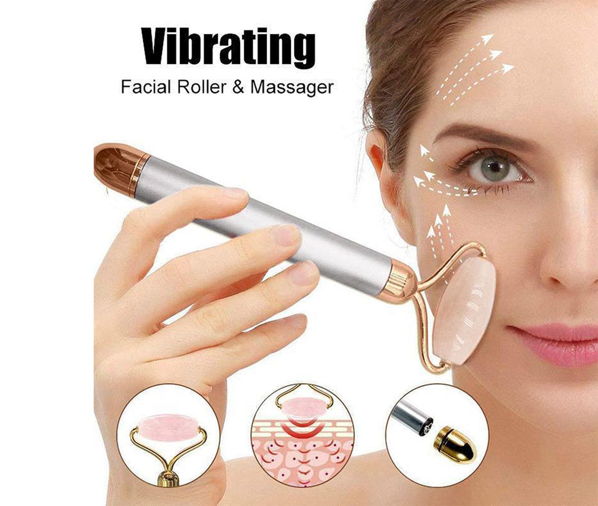 Flawless Contour Rose Quartz Facial Roller and Massager - Reduce Fine Lines, Wrinkles, Puffiness, and Dark Circles