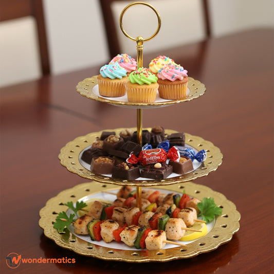 3 Tier Cake and Dessert Stand with Gold Metal Frame and Porcelain Plates for Elegant Food Display