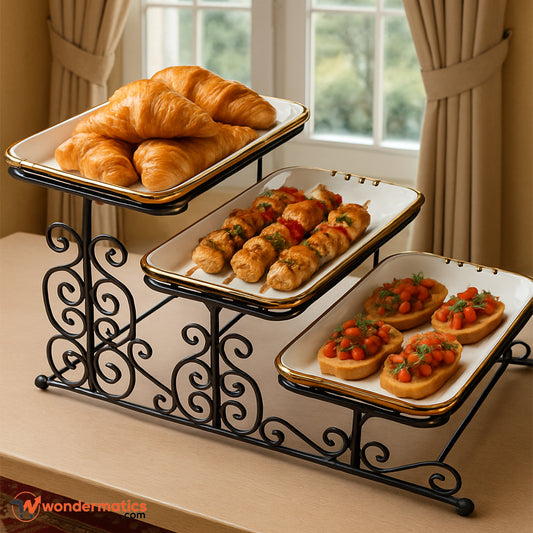 3 Tier Serving Platter Set with Rectangular Ceramic Dishes and Black Metal Stand for Elegant Food Display