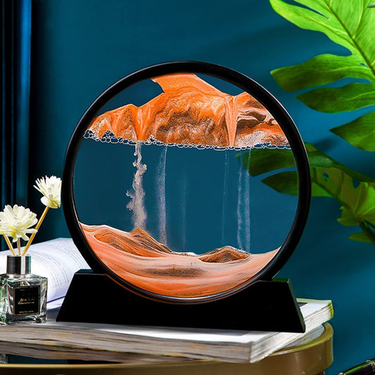 3D moving sand art hourglass with mountain landscape – calming desk decor