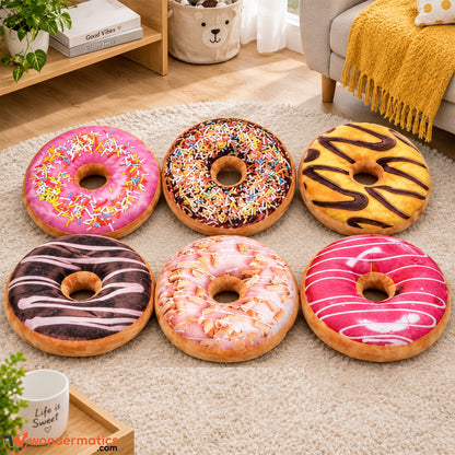 3D donut plush pillow with frosting and sprinkle print design