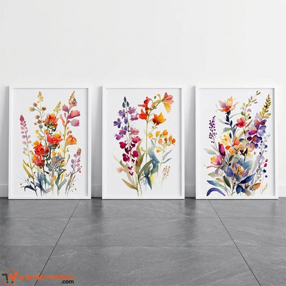 White color variant of 3-piece wall frames set by Wondermatics with floral watercolor prints included
