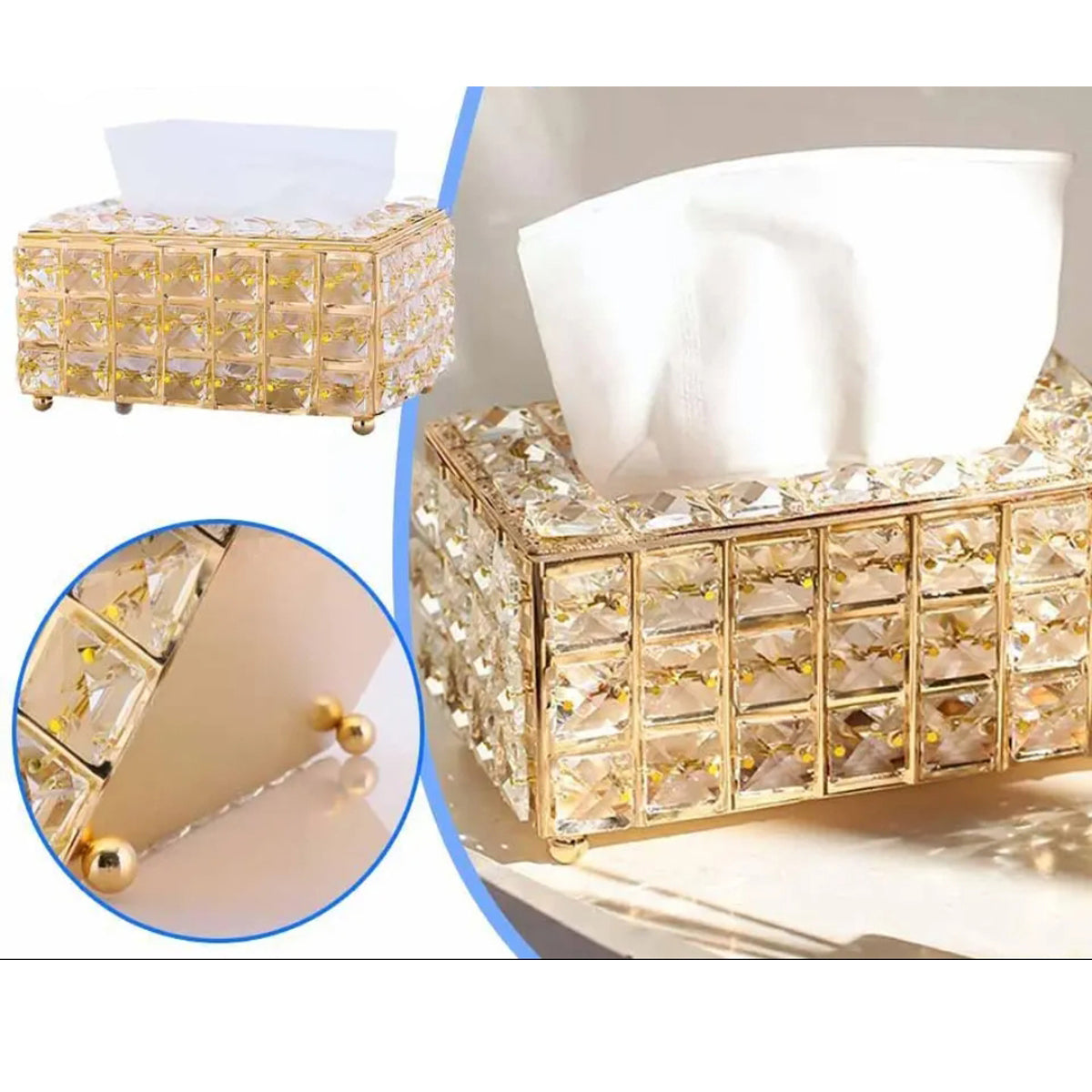 Golden Fancy Tissue Box – Decorative Metal Holder with Elegant Stone Detailing