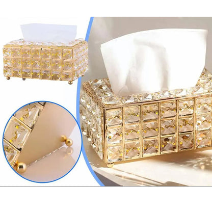 Golden Fancy Tissue Box – Decorative Metal Holder with Elegant Stone Detailing