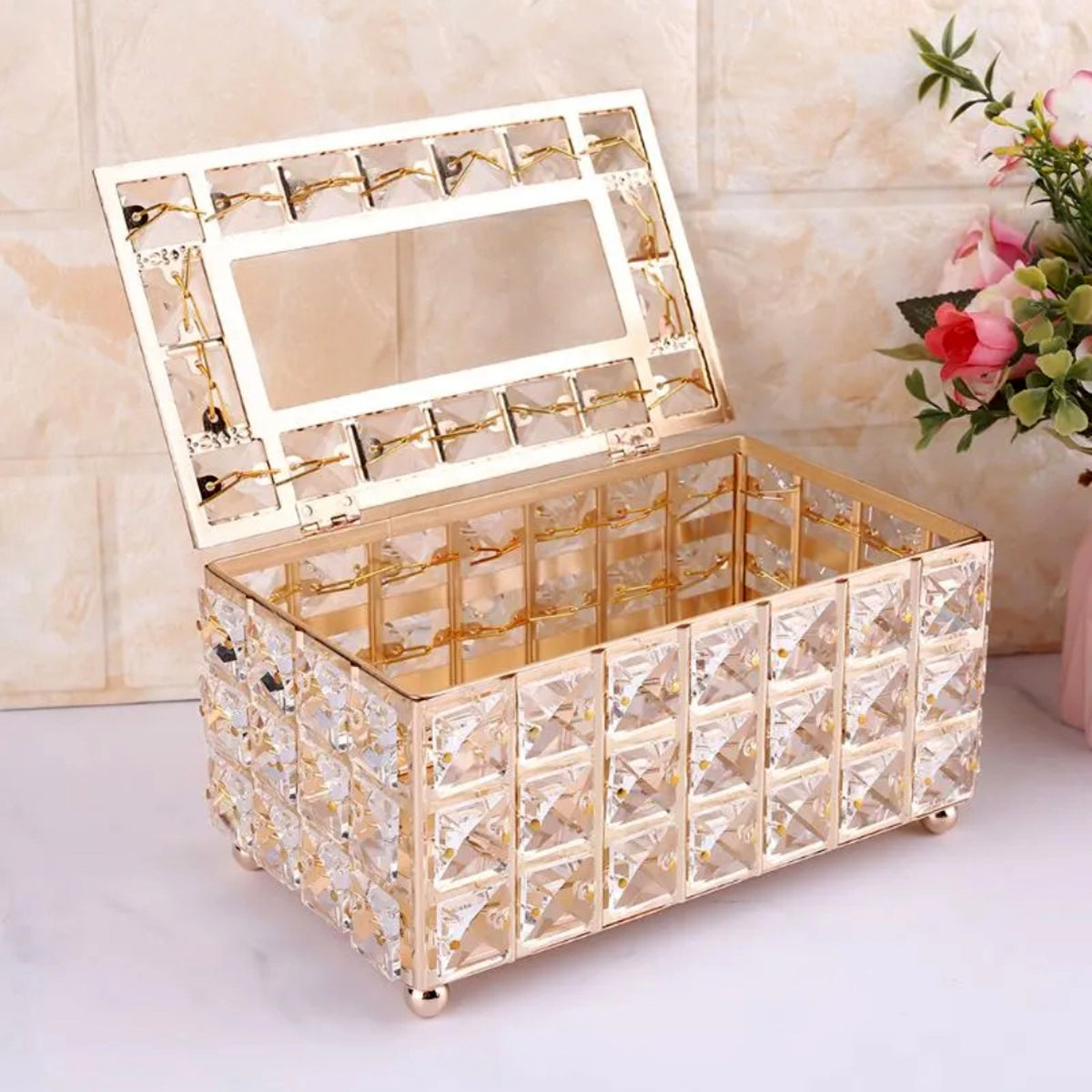 Golden Fancy Tissue Box – Decorative Metal Holder with Elegant Stone Detailing