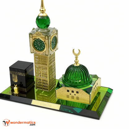 Side angle of crystal Kaaba clock showing Makkah Tower and masjid Al Nabawi model table clock