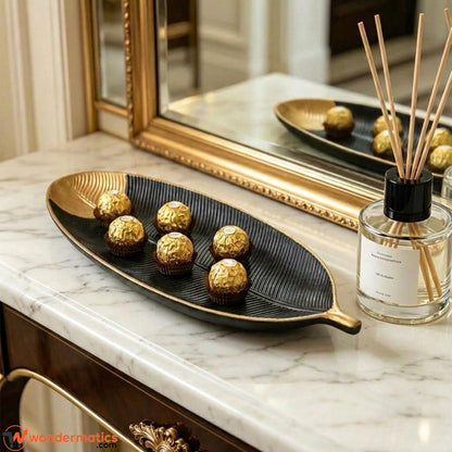 Wooden Leaf Tray – Black & Gold Decorative Tray | Wondermatics