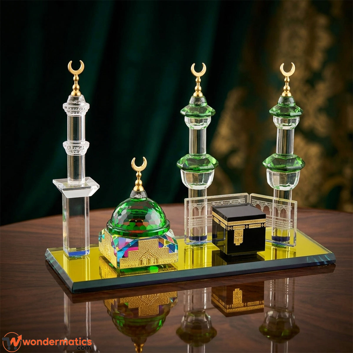 Side angle view of mirrored base reflecting crystal Kaaba and masjid al nabawi model and gumbad e khizra display